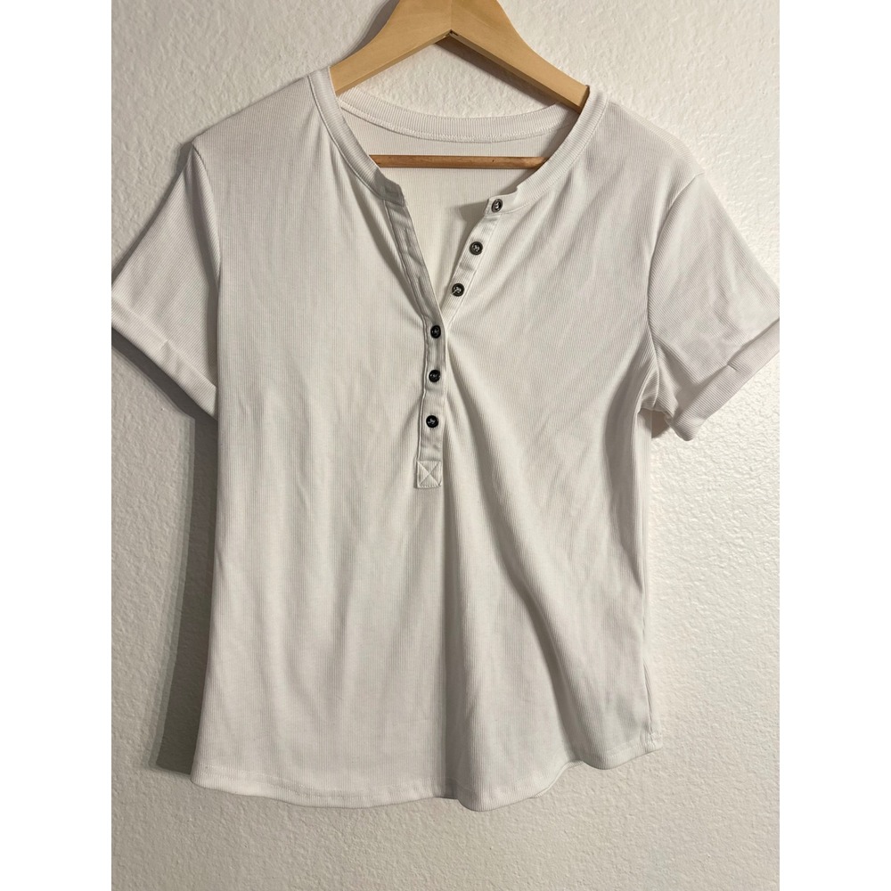 Tankaneo Henley Top Women Size L White Ribbed Short Sleeve Button Neck